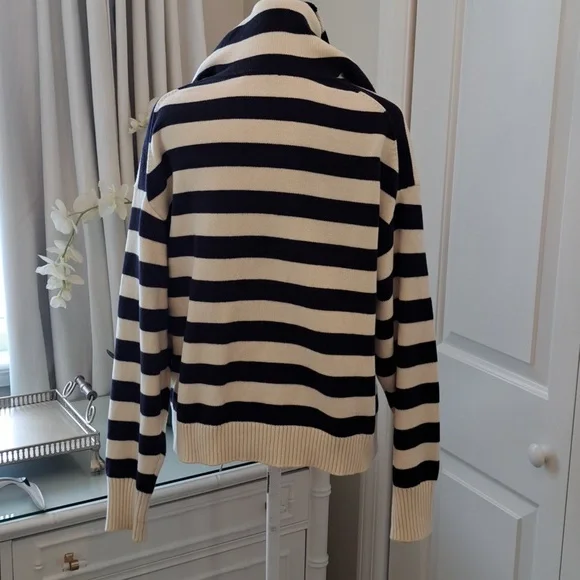 Zara Womens Navy/Cream Striped Cotton Tunic Pullover Sweater Pockets SM - Picture 4 of 7